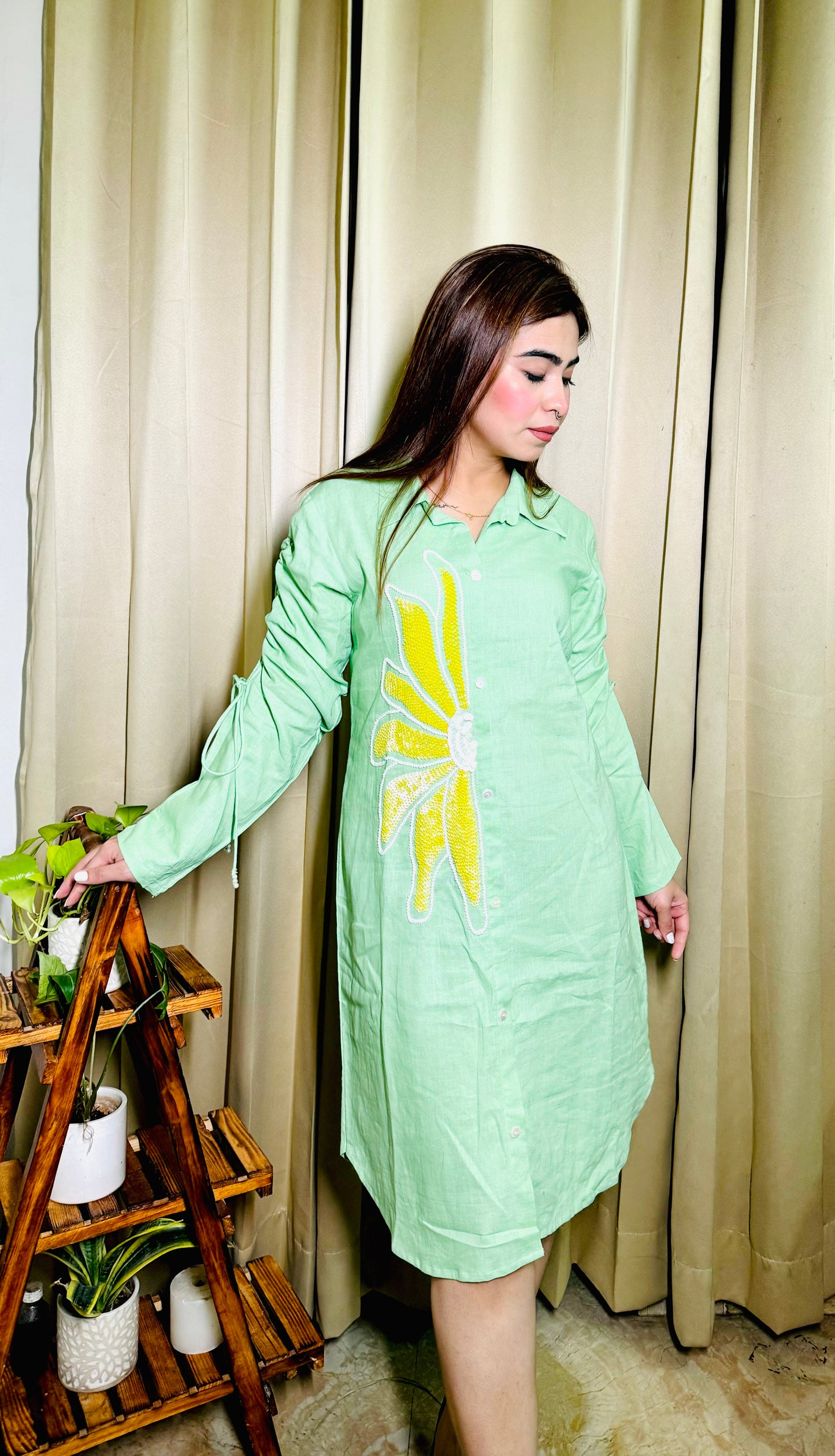 "Breezy Blooms: Linen Sunflower Embroidery Dress for Summer"