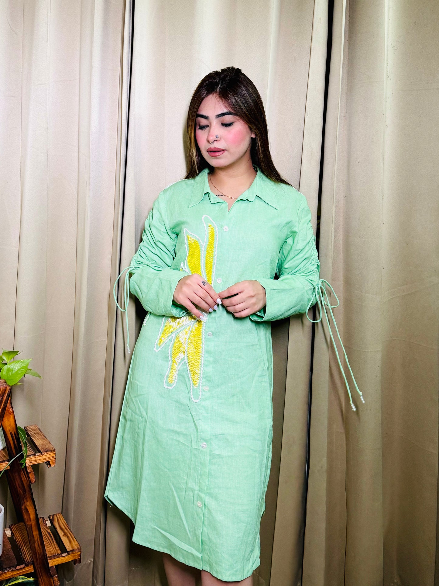 "Breezy Blooms: Linen Sunflower Embroidery Dress for Summer"