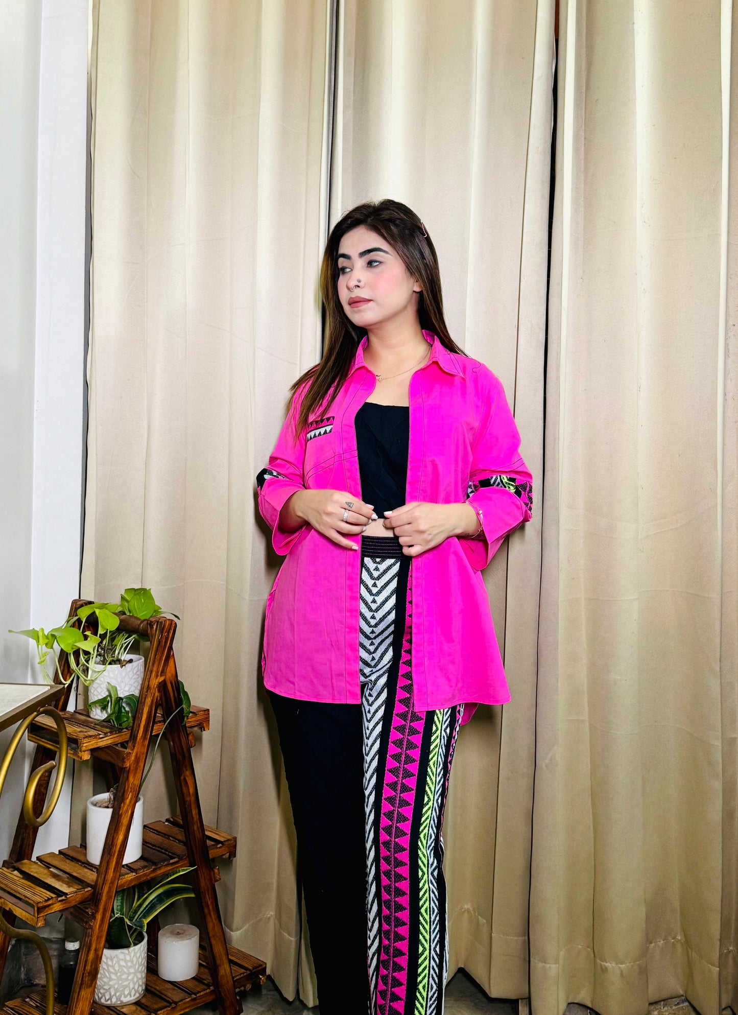 Blushing Elegance: Pink Cotton Shirt with Black and Pink Ekkat Fabric Accents and Black Pintucks Inner