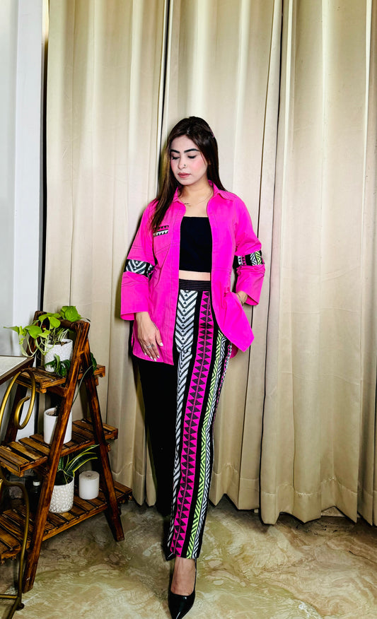 Blushing Elegance: Pink Cotton Shirt with Black and Pink Ekkat Fabric Accents and Black Pintucks Inner